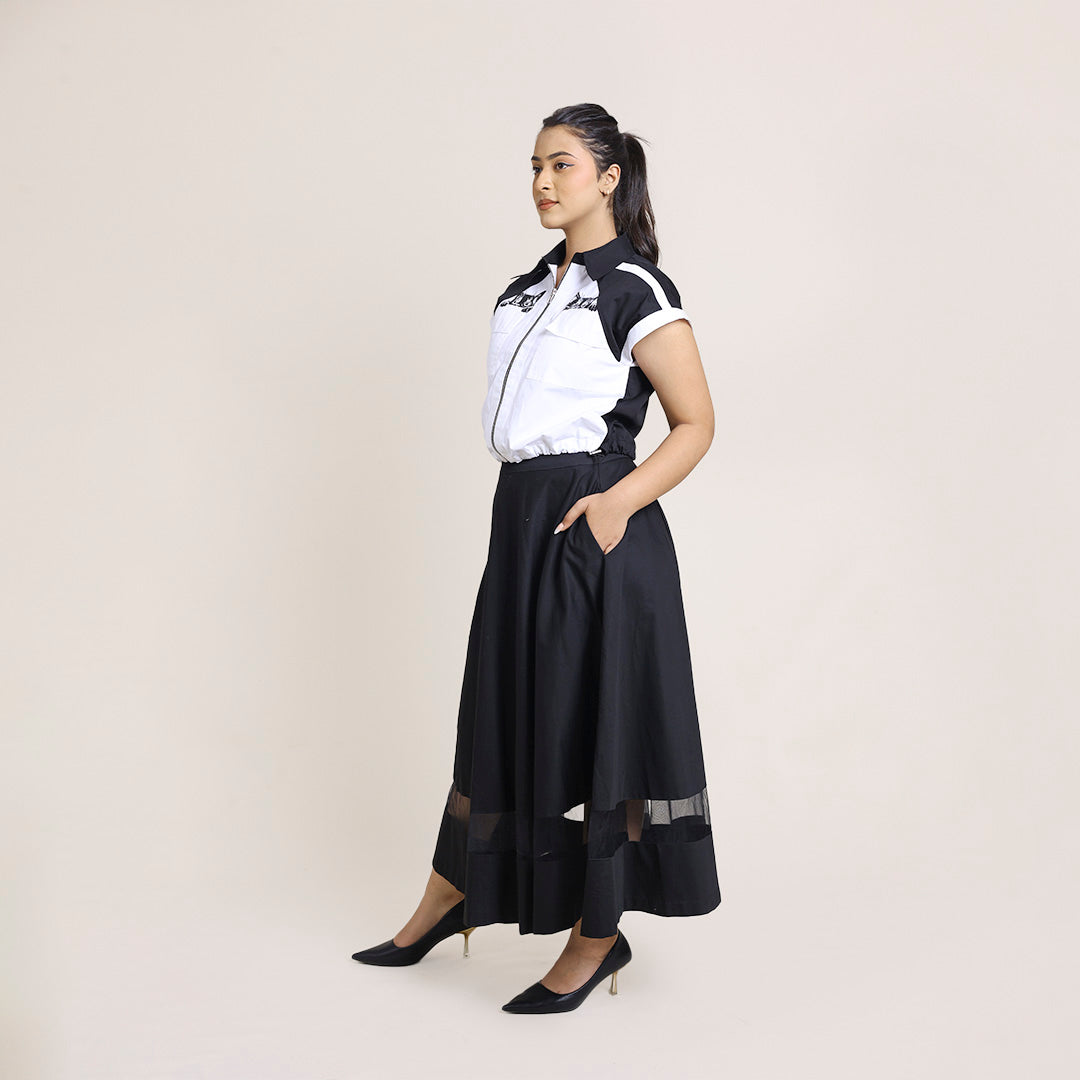 Black Cotton Skirt with Net Hem