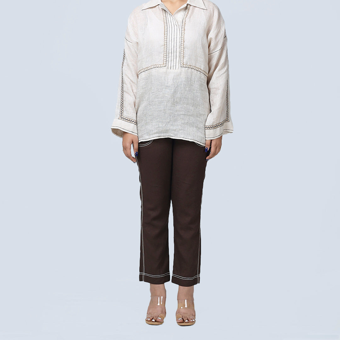 Beige Linen Shirt with Anchor Detail