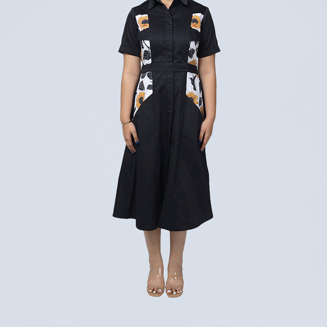 Sunflower Bliss Dress – Black Cotton