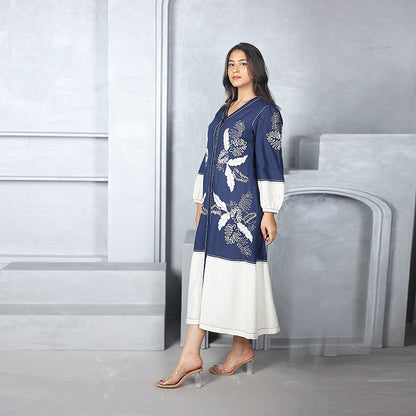 Luxe Indigo Grove Linen Embroidered Midi Dress