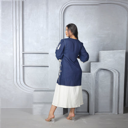Luxe Indigo Grove Linen Embroidered Midi Dress
