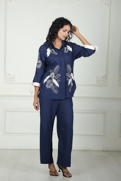 Luxe Indigo Grove Linen Embroidered Shirt