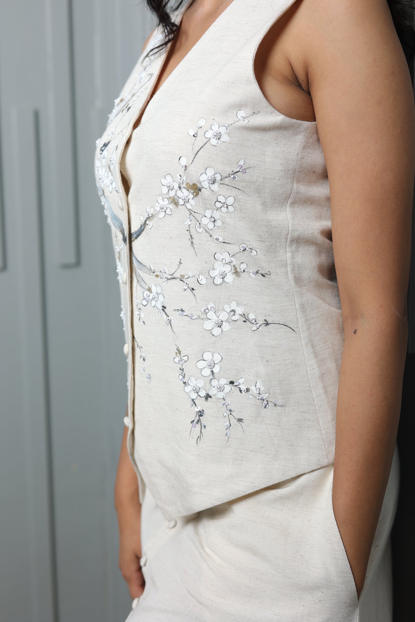 Luxe Amore Bloom Hand- Painted & Embroidered Linen Top
