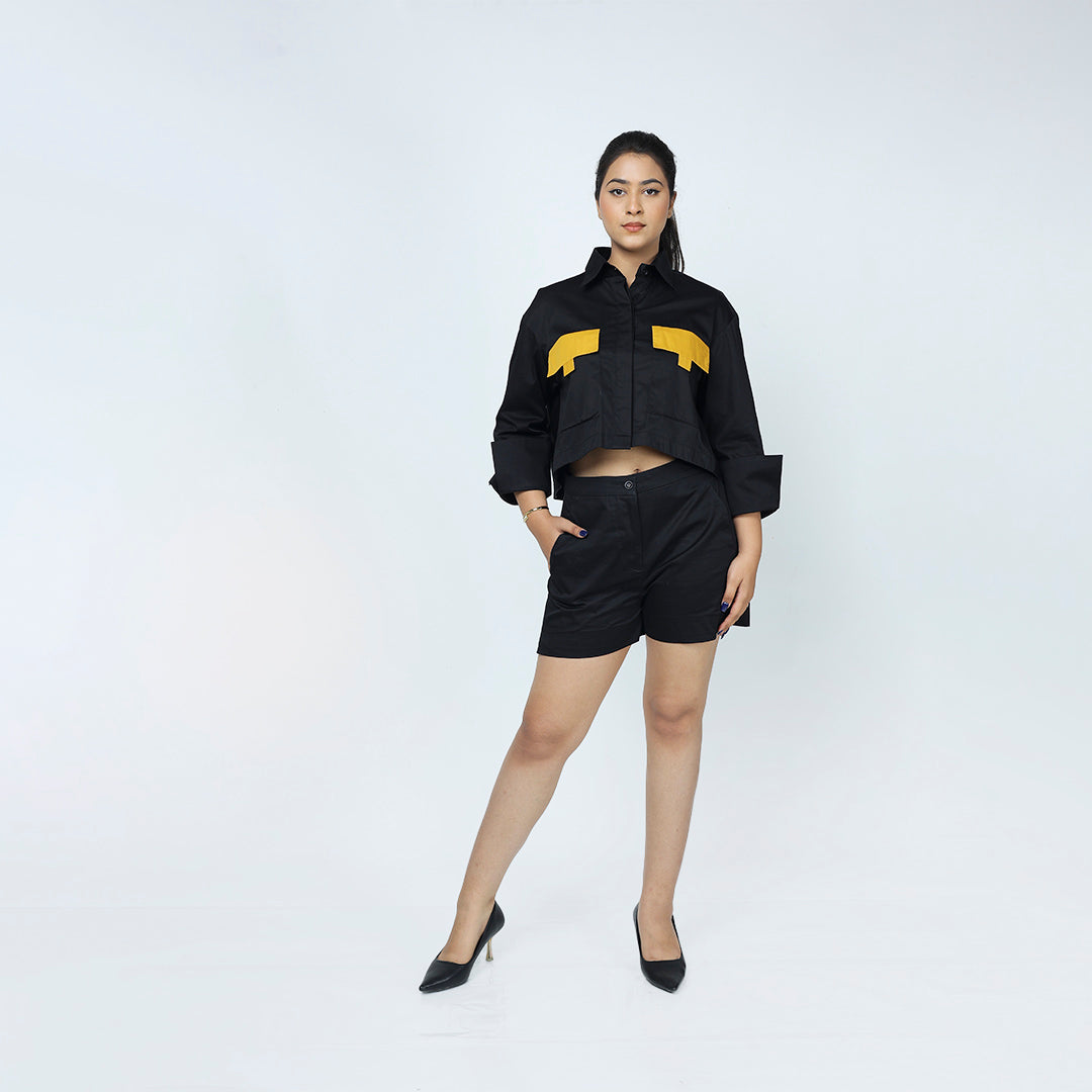 Black Crop Shirt with Mustard Pocket
