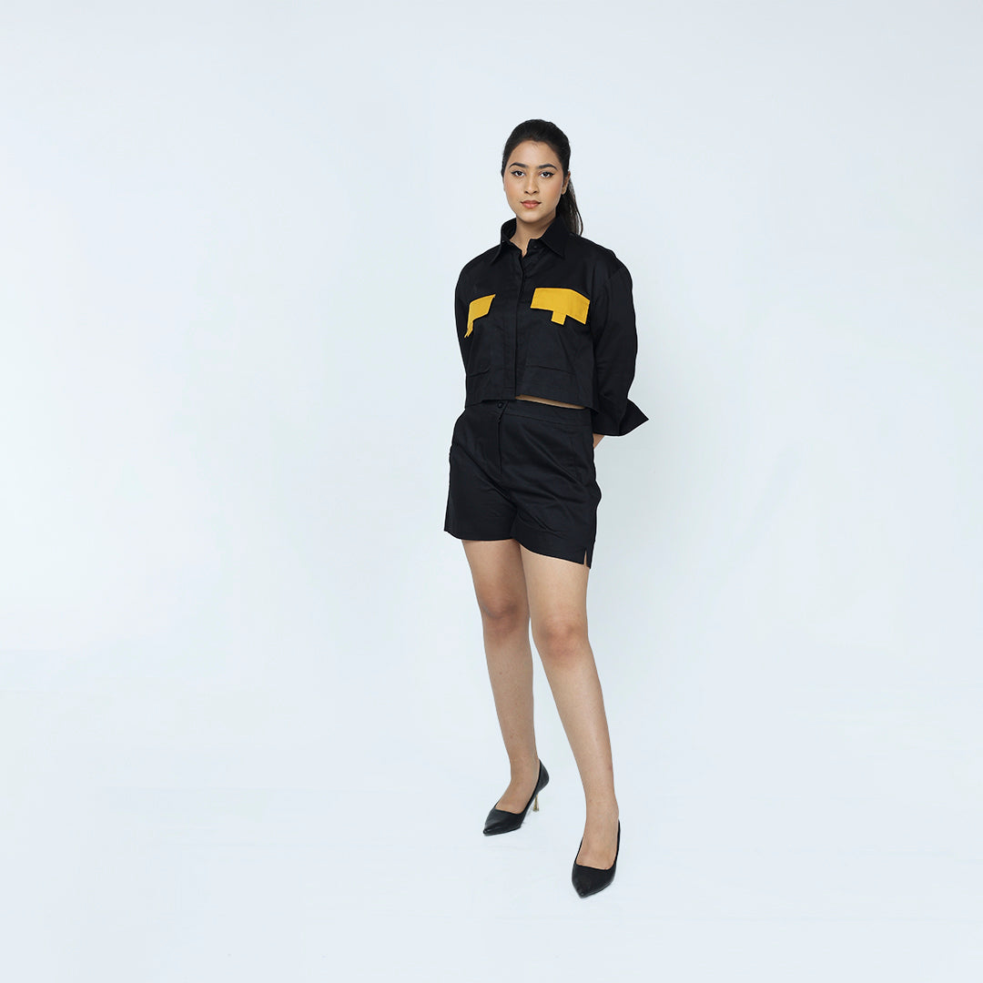 Black Crop Shirt with Mustard Pocket