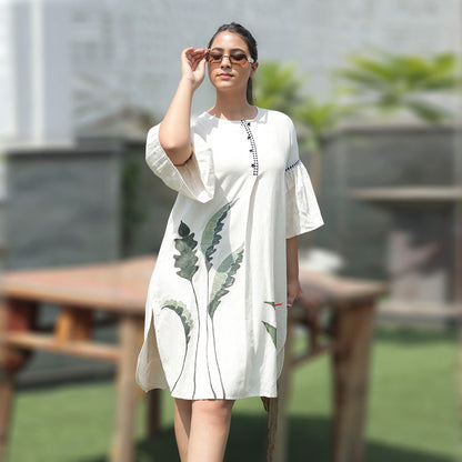 Boho Leaves Linen Balloon Sleeve Dress