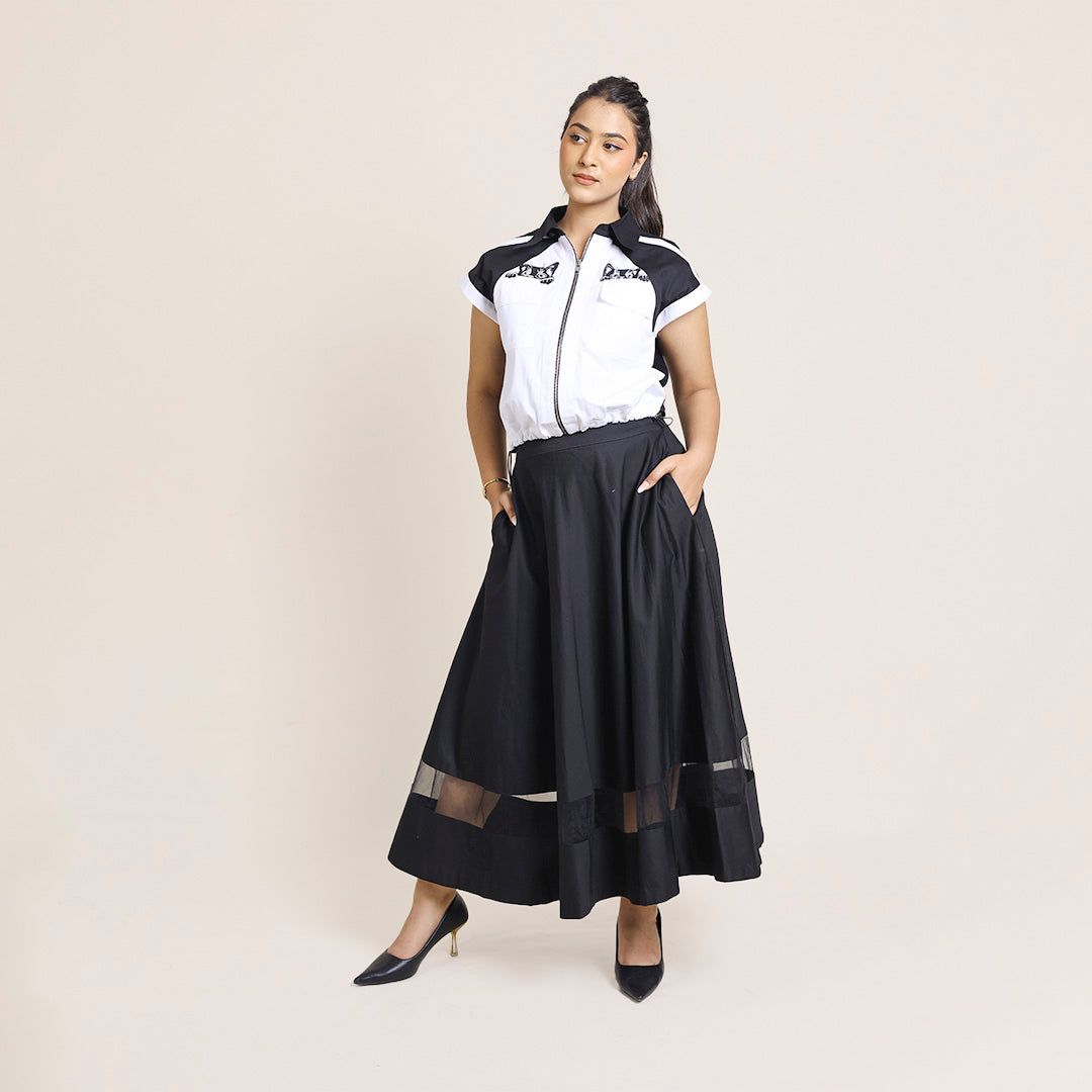 Cotton Black Crop Co-ord Set with Net Hem– Shirt & Skirt