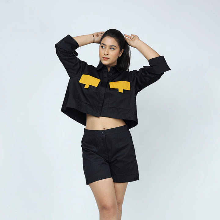 Black Crop Shirt with Mustard Pocket