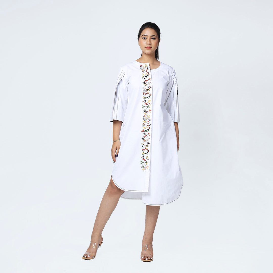 White High-Low Cape Bird Artwork Dress