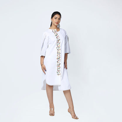 White High-Low Cape Bird Artwork Dress