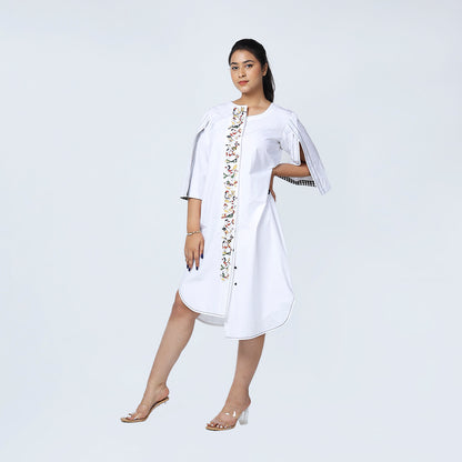 White High-Low Cape Bird Artwork Dress