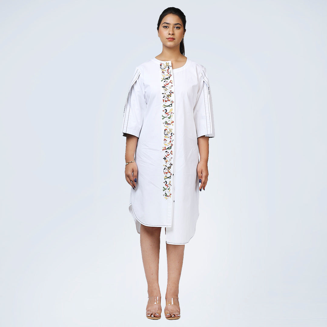 White High-Low Cape Bird Artwork Dress
