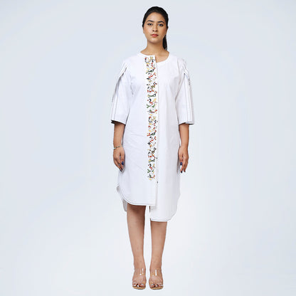 White High-Low Cape Bird Artwork Dress