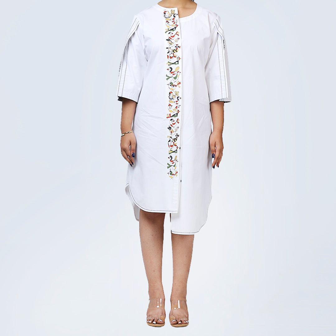 White High-Low Cape Bird Artwork Dress
