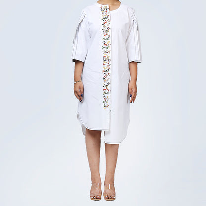 White High-Low Cape Bird Artwork Dress