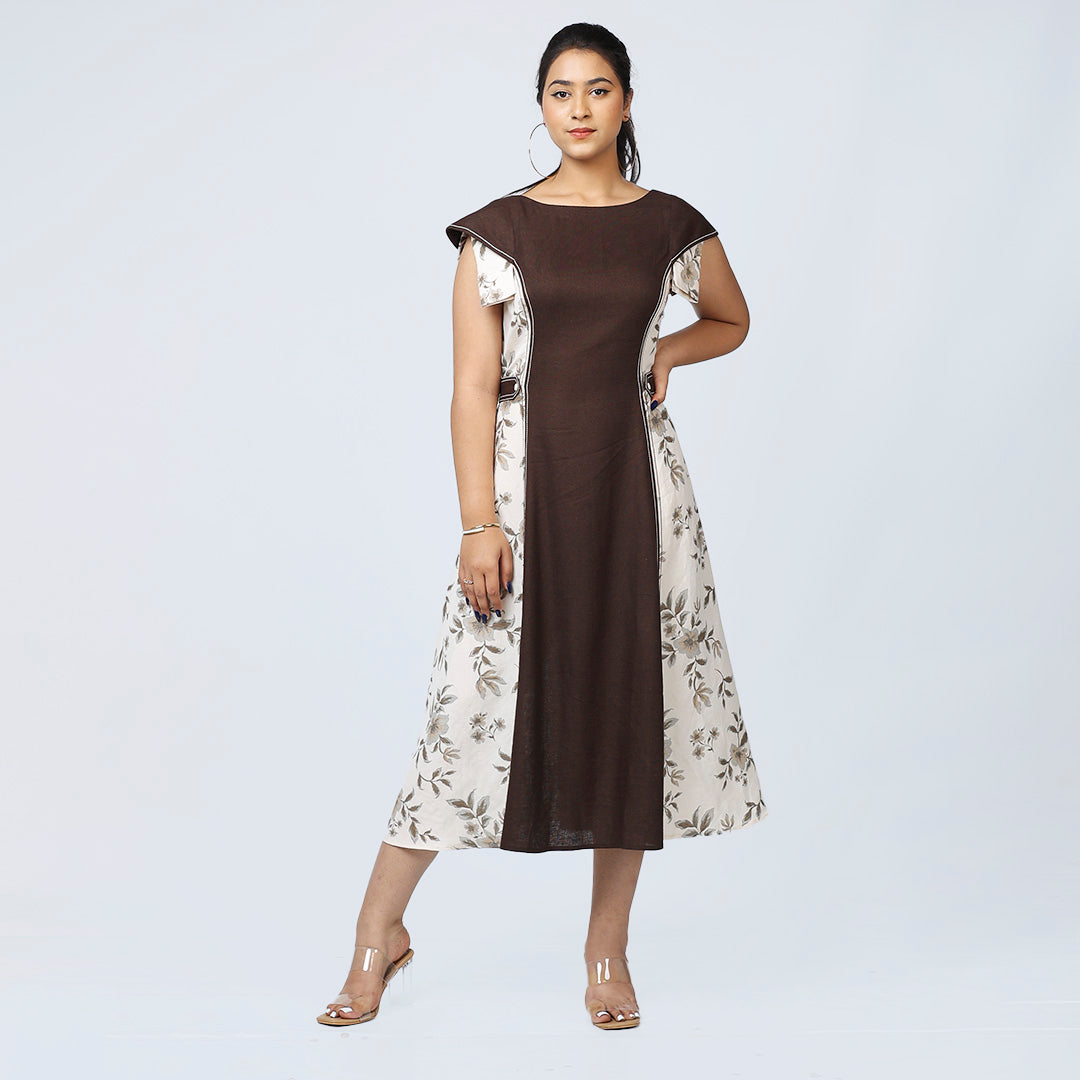 Coffee Brown Layered Sleeve Dress with Waist Buttons