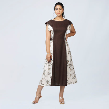 Coffee Brown Layered Sleeve Dress with Waist Buttons