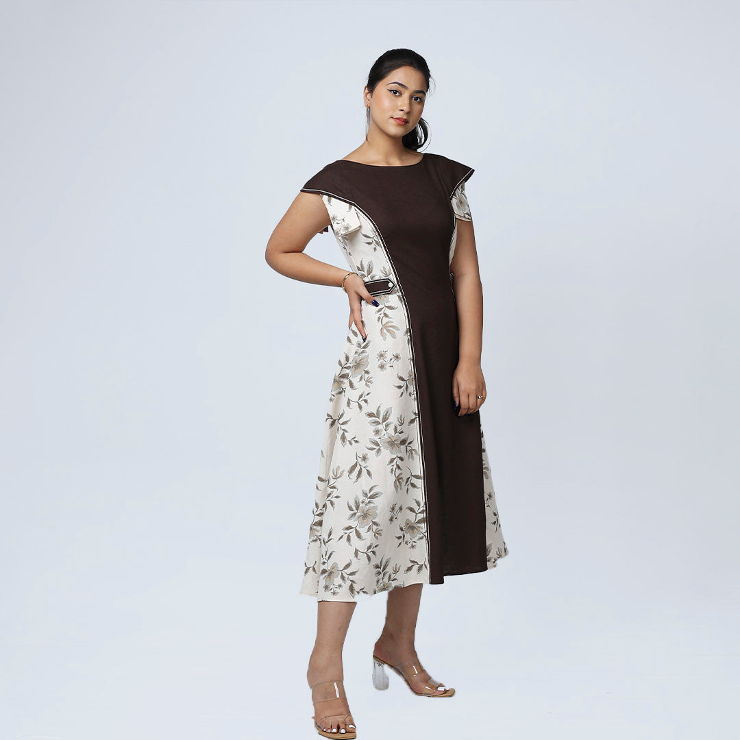 Coffee Brown Layered Sleeve Dress with Waist Buttons