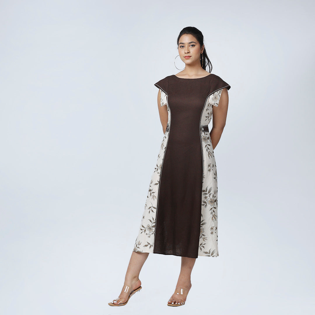 Coffee Brown Layered Sleeve Dress with Waist Buttons