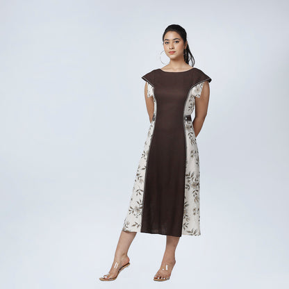 Coffee Brown Layered Sleeve Dress with Waist Buttons