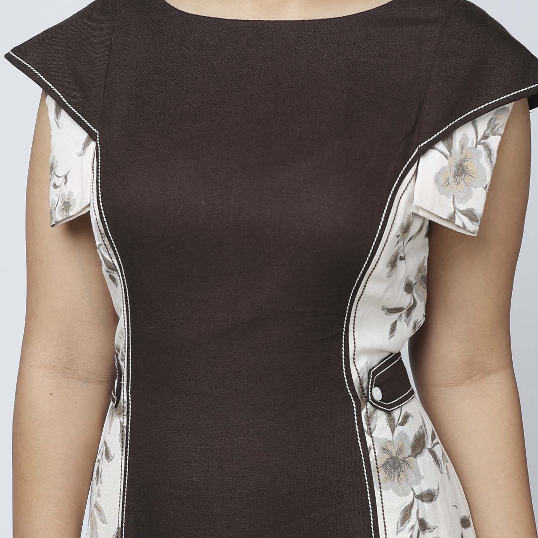 Coffee Brown Layered Sleeve Dress with Waist Buttons