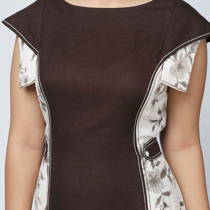 Coffee Brown Layered Sleeve Dress with Waist Buttons