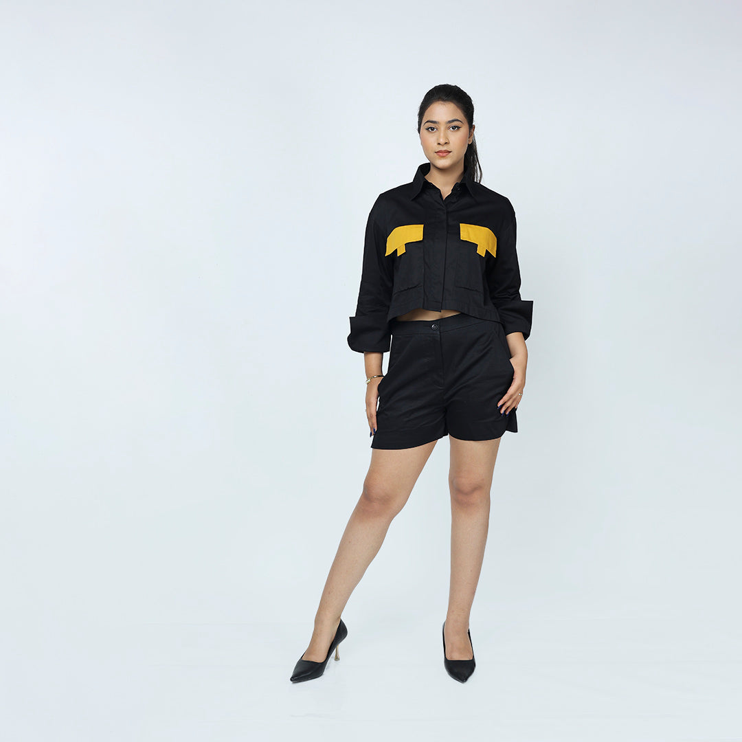 Black Crop Shirt with Mustard Pocket