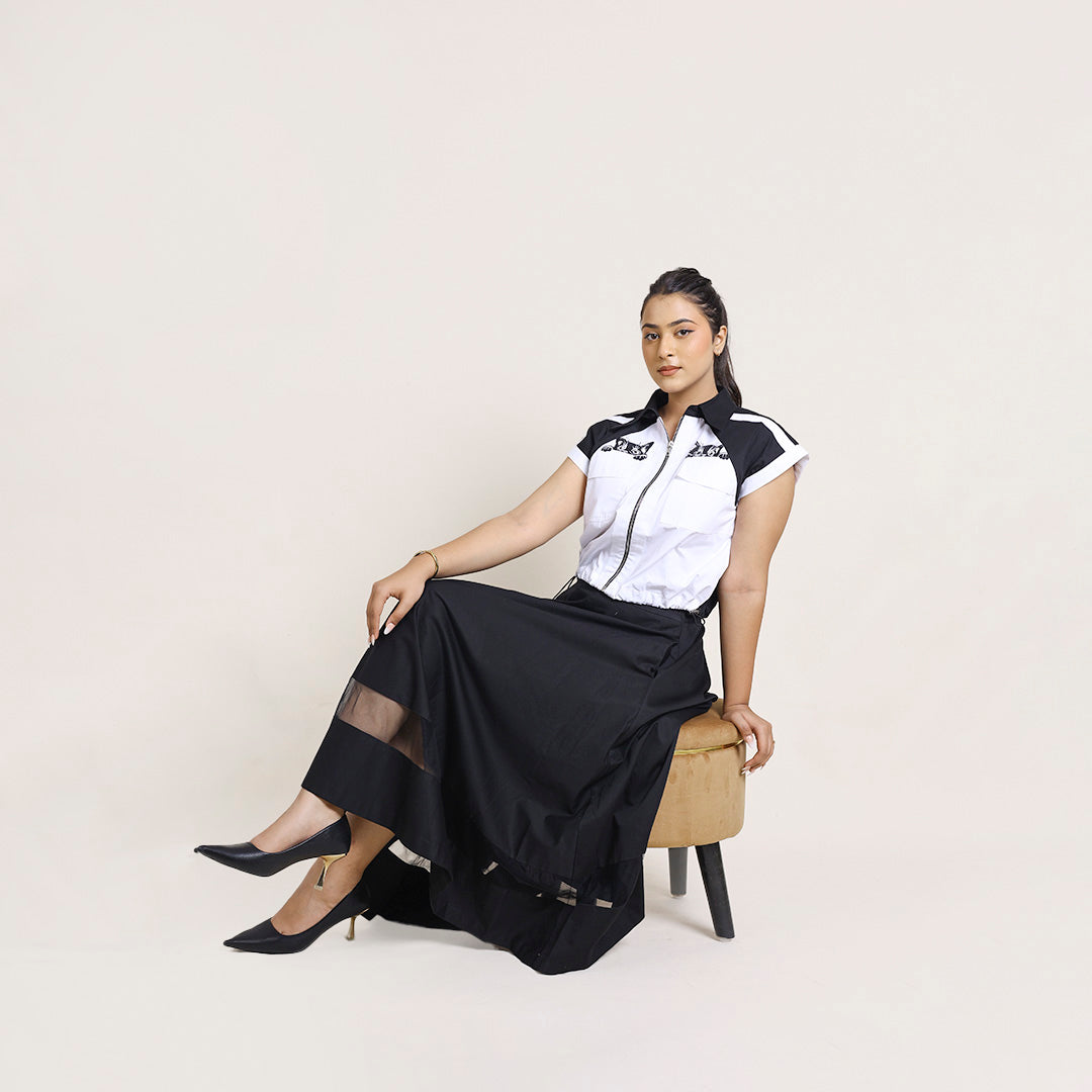 Cotton Black Crop Co-ord Set with Net Hem– Shirt & Skirt