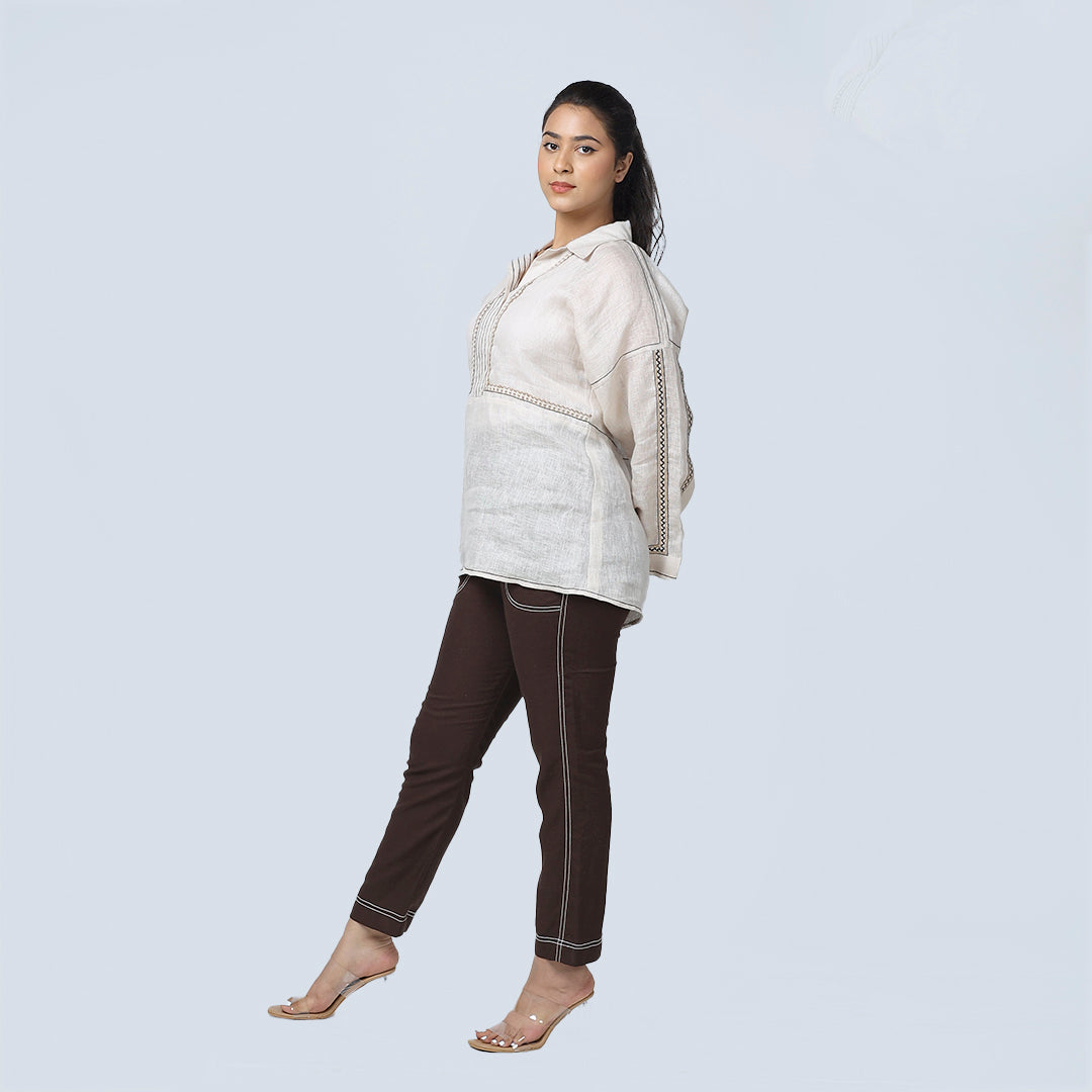 Beige Linen Shirt with Anchor Detail