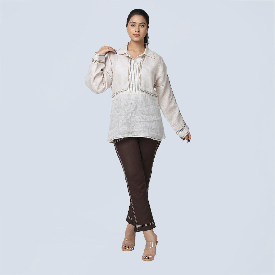 Beige Linen Shirt with Anchor Detail