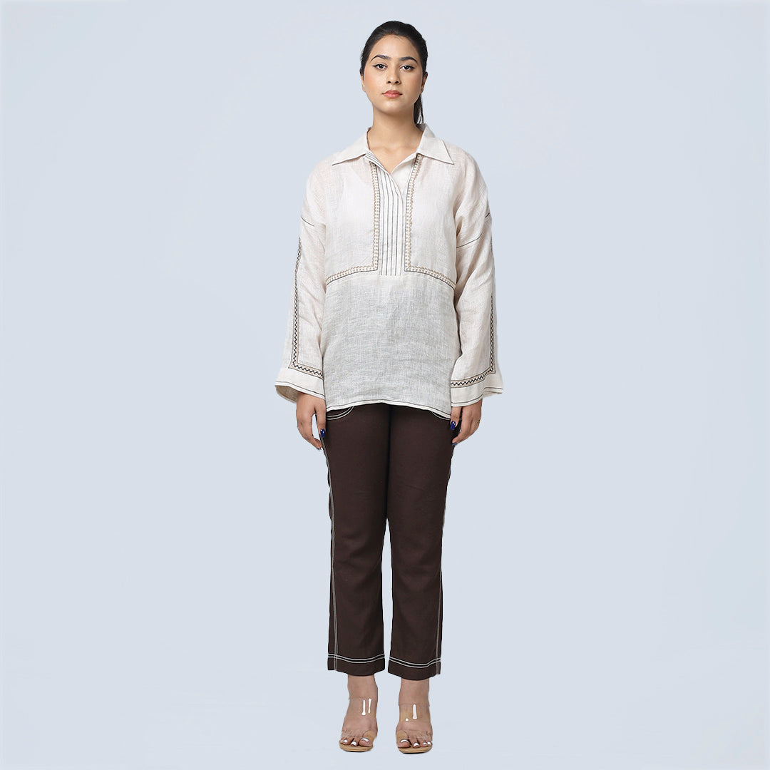 Beige Linen Shirt with Anchor Detail