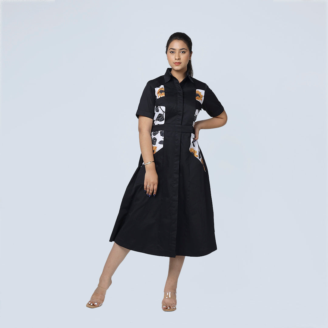 Sunflower Bliss Dress – Black Cotton