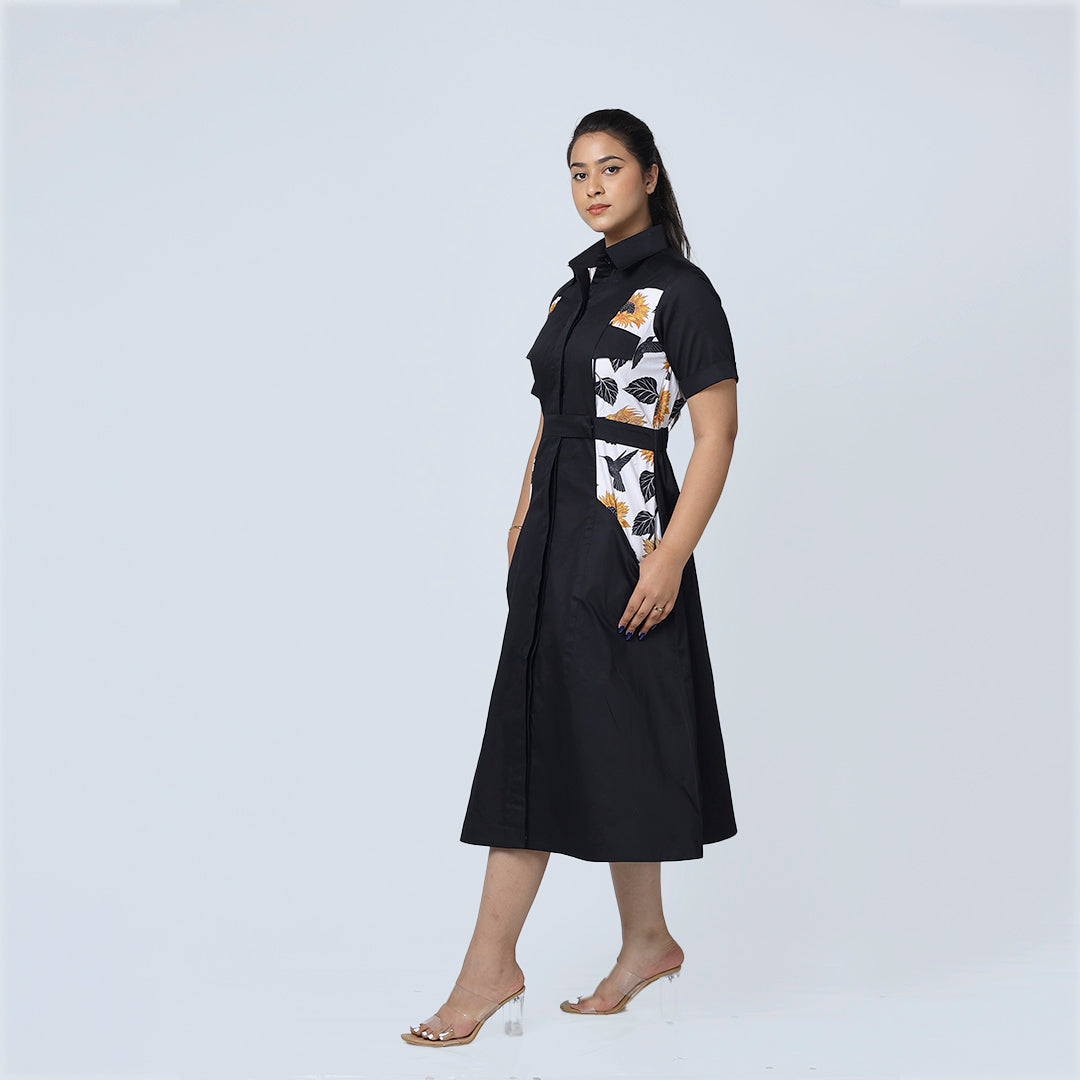 Sunflower Bliss Dress – Black Cotton
