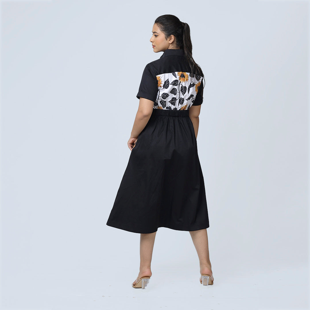 Sunflower Bliss Dress – Black Cotton