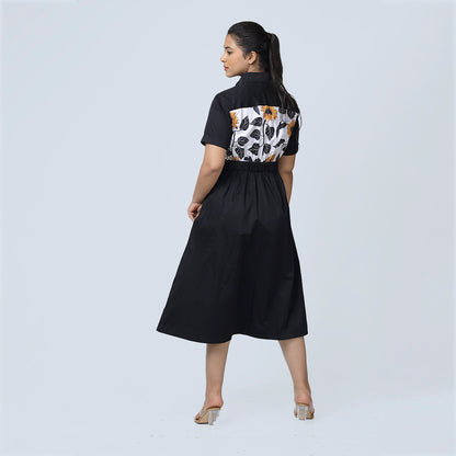Sunflower Bliss Dress – Black Cotton