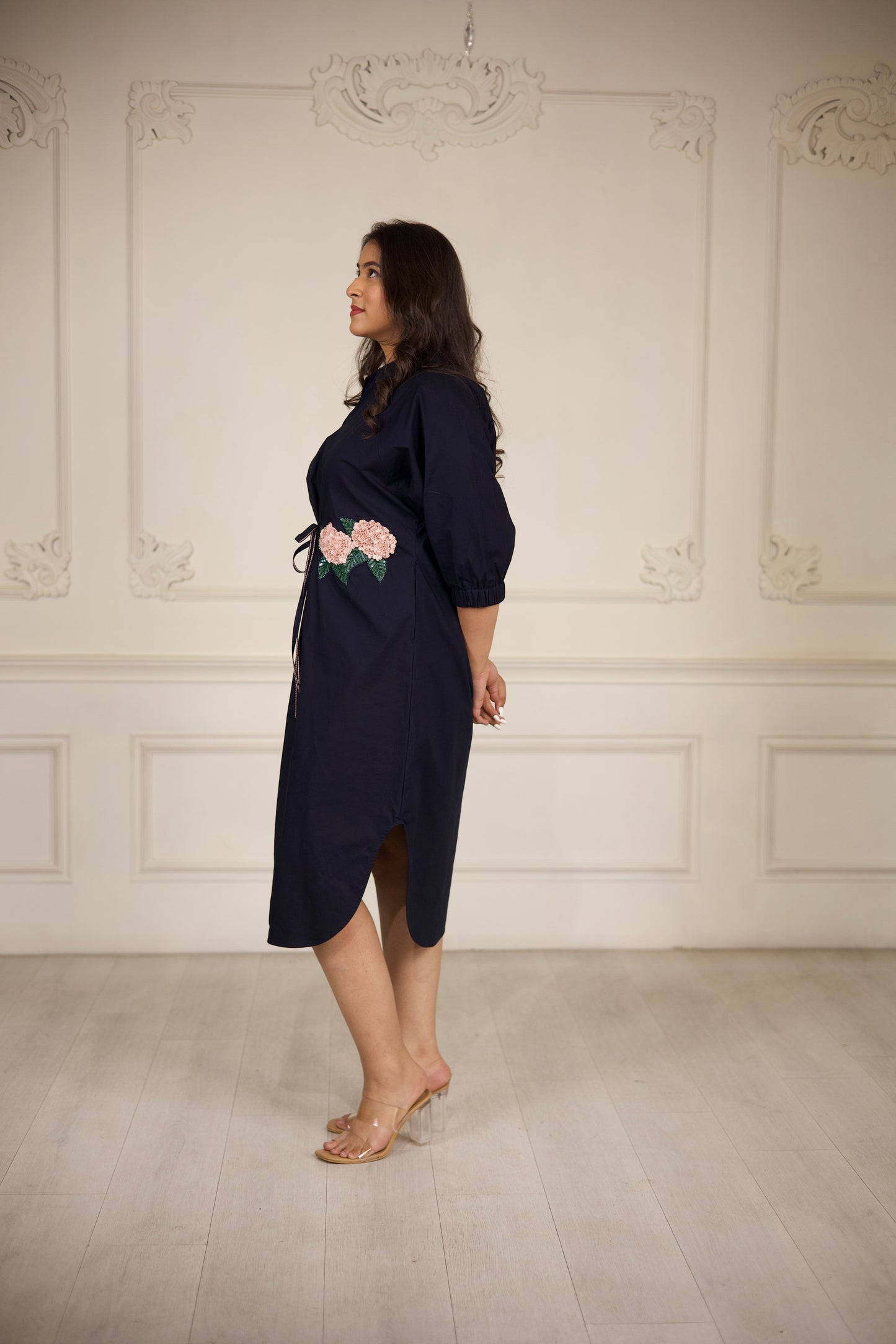 Midnight Bloom Embroidered Shirt Dress