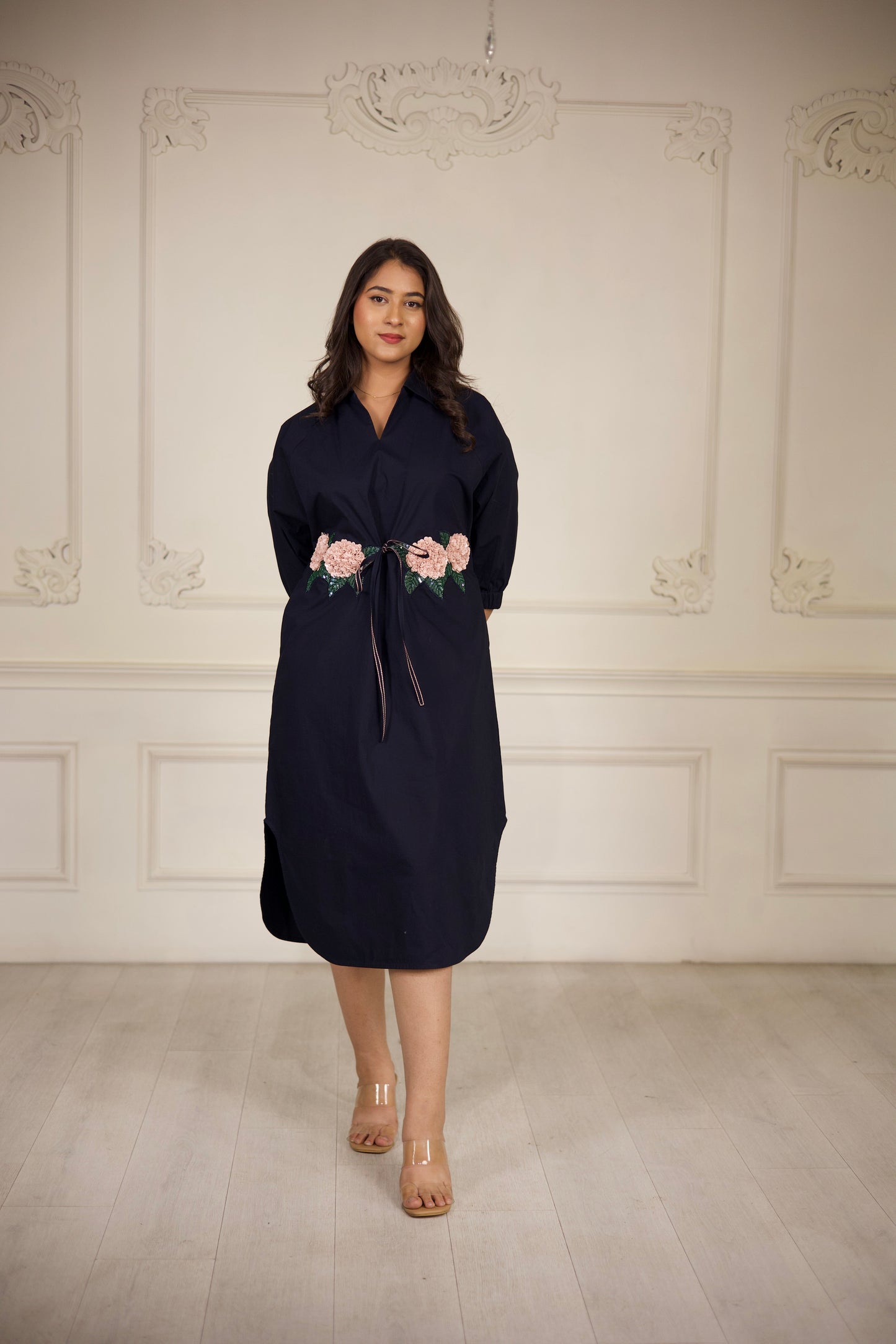 Midnight Bloom Embroidered Shirt Dress